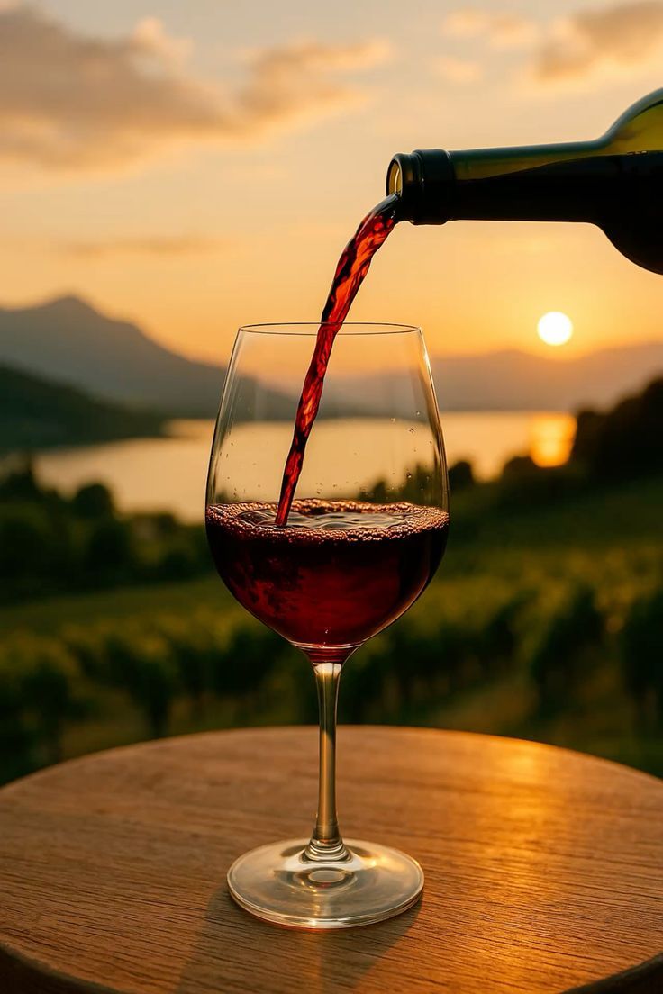 Copa de vino tinto al atardecer sobre un viñedo